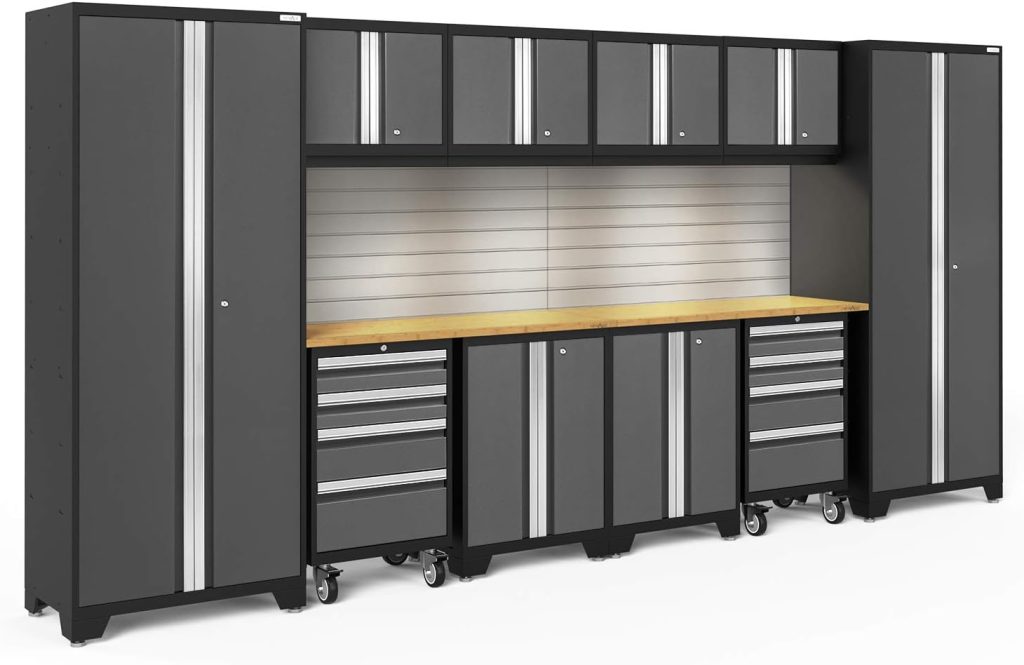 NewAge Products Garage Storage Cabinets Bold Series Gray Include Multi Use lockers, Rolling Tool, Base  Wall Cabinets with Lockable Doors, LED Lights, Slatwall Backsplash, Bamboo Worktop NewAge Products Garage Storage Cabinets Bold Series Gray Include Multi Use lockers, Rolling Tool, Base  Wall Cabinets with Lockable Doors, LED Lights, Slatwall Backsplash, Bamboo Worktop