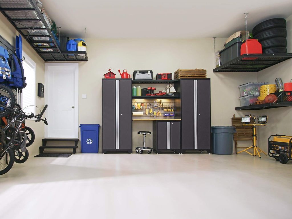 NewAge Products Garage Storage Cabinets Bold Series Gray Include Multi Use lockers, Rolling Tool, Base  Wall Cabinets with Lockable Doors, LED Lights, Slatwall Backsplash, Bamboo Worktop NewAge Products Garage Storage Cabinets Bold Series Gray Include Multi Use lockers, Rolling Tool, Base  Wall Cabinets with Lockable Doors, LED Lights, Slatwall Backsplash, Bamboo Worktop
