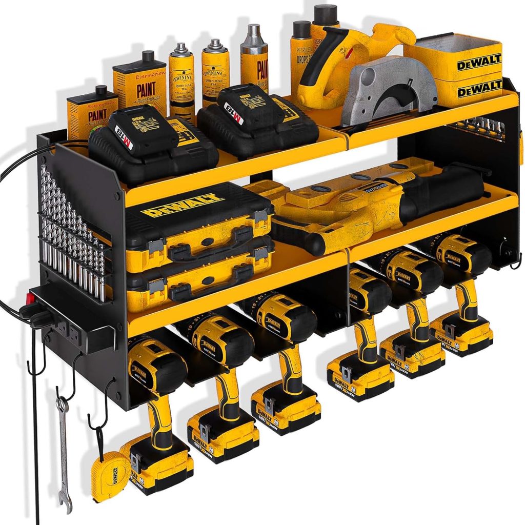 Spampur Power Tool Organizer Wall Mount with Charging Station, 6 Drill Holders Tool Shelf, Heavy Duty Garage shelves Utility Tool Storage, Tool Battery Holder with 4 Outlet Power Strip - Yellow Spampur Power Tool Organizer Wall Mount with Charging Station, 6 Drill Holders Tool Shelf, Heavy Duty Garage shelves Utility Tool Storage, Tool Battery Holder with 4 Outlet Power Strip - Yellow