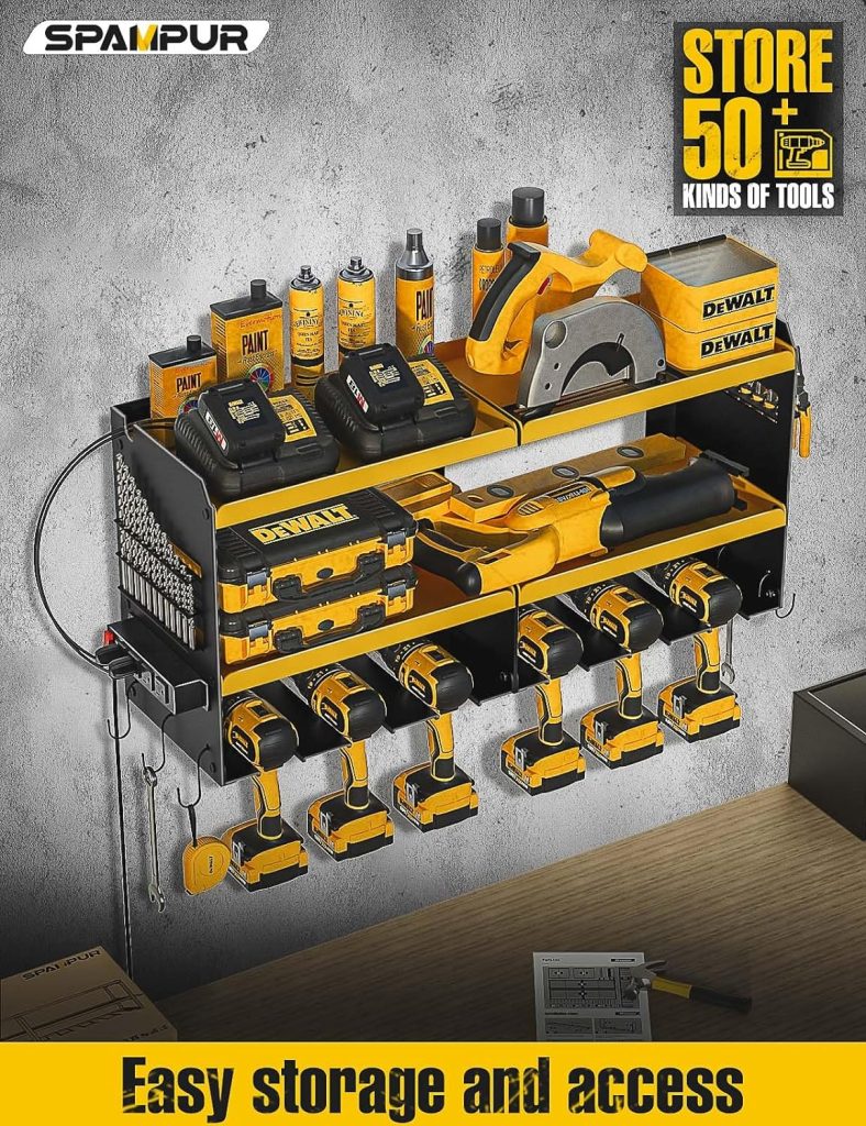 Spampur Power Tool Organizer Wall Mount with Charging Station, 6 Drill Holders Tool Shelf, Heavy Duty Garage shelves Utility Tool Storage, Tool Battery Holder with 4 Outlet Power Strip - Yellow Spampur Power Tool Organizer Wall Mount with Charging Station, 6 Drill Holders Tool Shelf, Heavy Duty Garage shelves Utility Tool Storage, Tool Battery Holder with 4 Outlet Power Strip - Yellow
