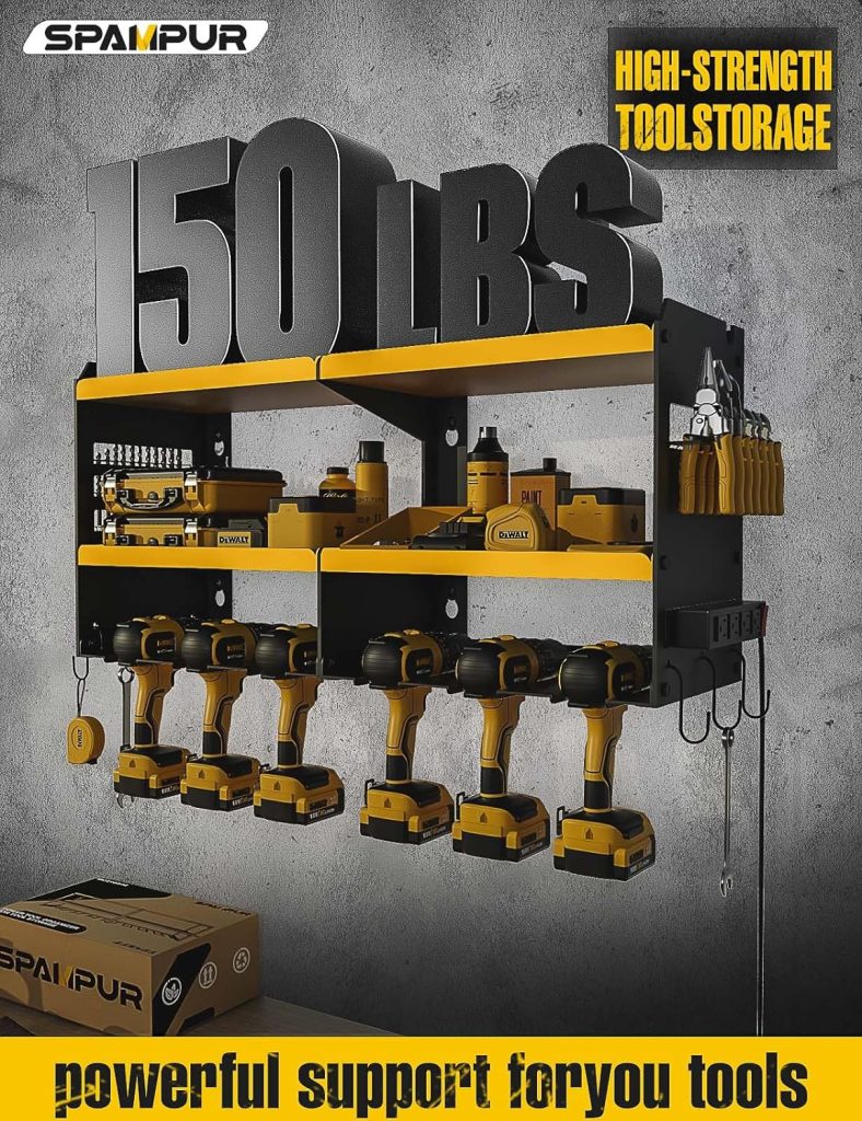 Spampur Power Tool Organizer Wall Mount with Charging Station, 6 Drill Holders Tool Shelf, Heavy Duty Garage shelves Utility Tool Storage, Tool Battery Holder with 4 Outlet Power Strip - Yellow Spampur Power Tool Organizer Wall Mount with Charging Station, 6 Drill Holders Tool Shelf, Heavy Duty Garage shelves Utility Tool Storage, Tool Battery Holder with 4 Outlet Power Strip - Yellow