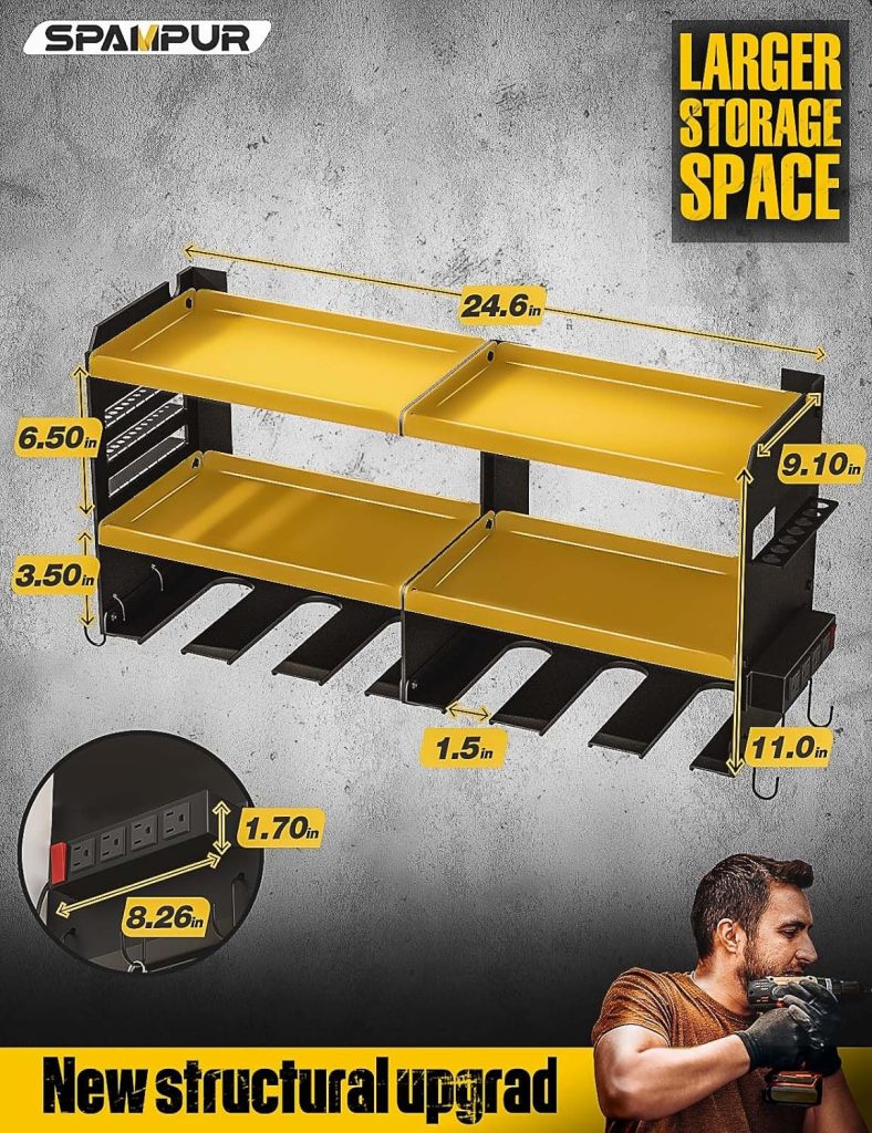 Spampur Power Tool Organizer Wall Mount with Charging Station, 6 Drill Holders Tool Shelf, Heavy Duty Garage shelves Utility Tool Storage, Tool Battery Holder with 4 Outlet Power Strip - Yellow Spampur Power Tool Organizer Wall Mount with Charging Station, 6 Drill Holders Tool Shelf, Heavy Duty Garage shelves Utility Tool Storage, Tool Battery Holder with 4 Outlet Power Strip - Yellow