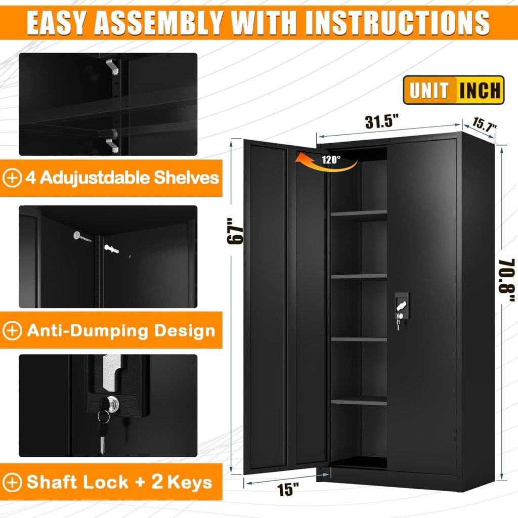 CENOVE Metal Storage Cabinet - Lockable Garage Cabinet with 4 Adjustable Shelves | Garage Storage Cabinet for Office, Warehouse, School, Gym, Basement Black 71INCH