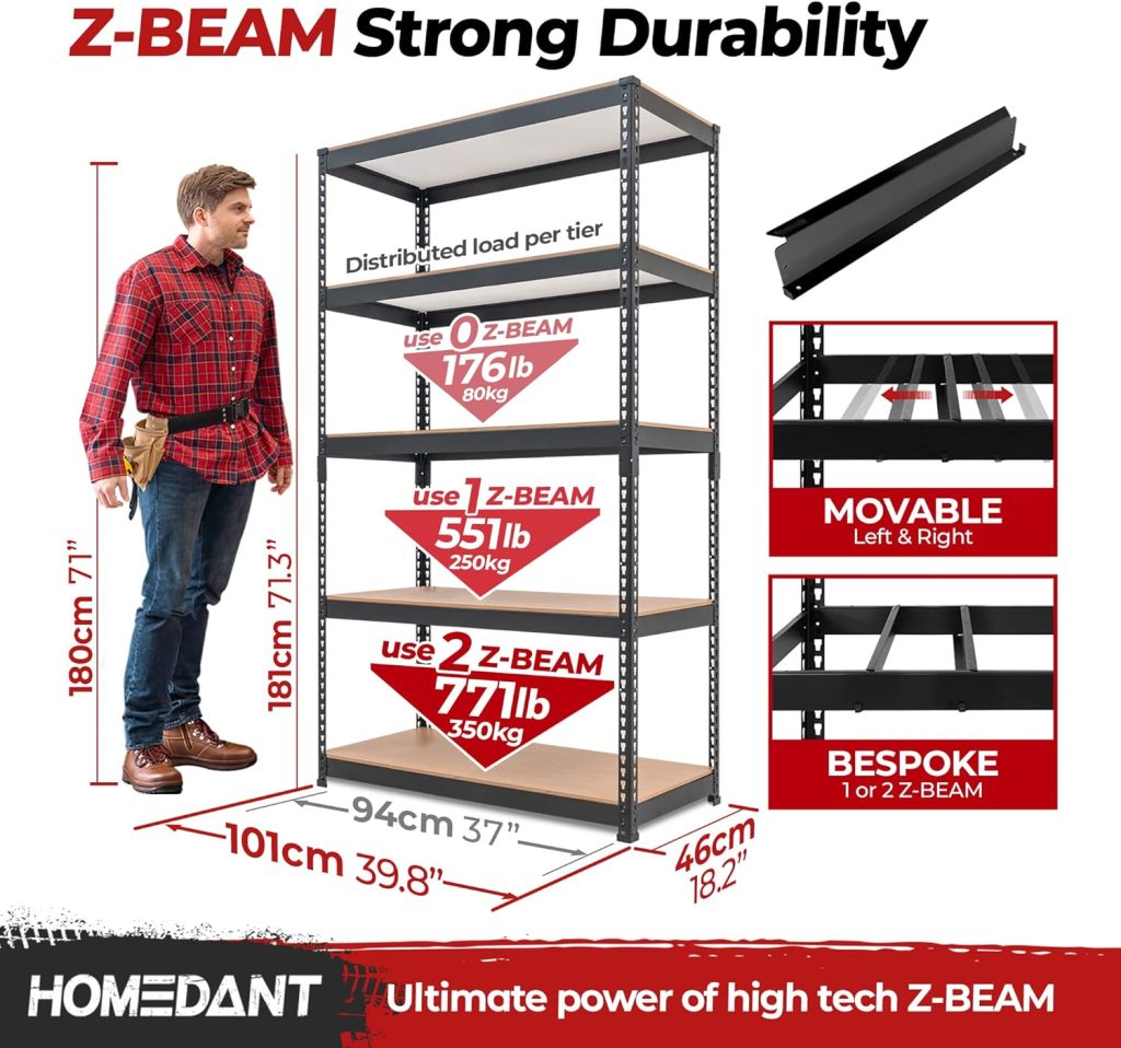 HOMEDANT Z-beam 5-Tier Laminated Heavy Duty Metal Shelving Unit Adjustable Garage Storage Utility Rack Shelves Organization Multipurpose Shelf Warehouse Industrial Shed 39.8W x 18.2D x 71.3H 1Pack