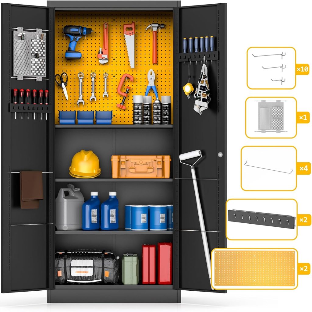 HZE Metal Storage Cabinet with Doors and Adjustable Shelves, 71 Locking Garage Storage Cabinet with 2 Multi-Purpose Pegboards, Storage Bag, Heavy Duty Tool Metal Cabinet for Garage Home Gym Office