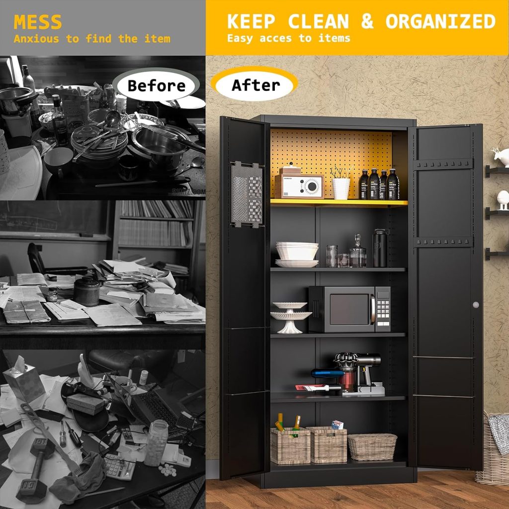 HZE Metal Storage Cabinet with Doors and Adjustable Shelves, 71 Locking Garage Storage Cabinet with 2 Multi-Purpose Pegboards, Storage Bag, Heavy Duty Tool Metal Cabinet for Garage Home Gym Office