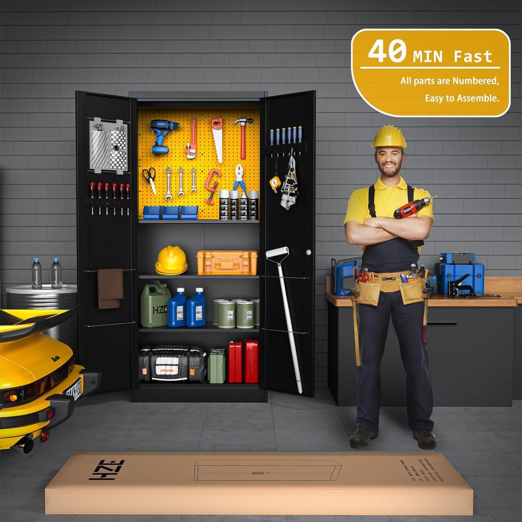 HZE Metal Storage Cabinet with Doors and Adjustable Shelves, 71 Locking Garage Storage Cabinet with 2 Multi-Purpose Pegboards, Storage Bag, Heavy Duty Tool Metal Cabinet for Garage Home Gym Office