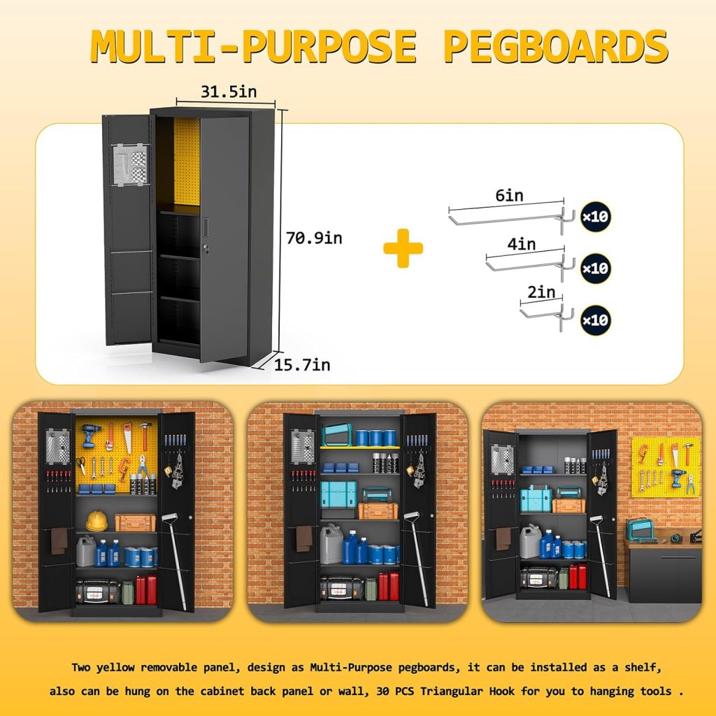 HZE Metal Storage Cabinet with Doors and Adjustable Shelves, 71 Locking Garage Storage Cabinet with 2 Multi-Purpose Pegboards, Storage Bag, Heavy Duty Tool Metal Cabinet for Garage Home Gym Office