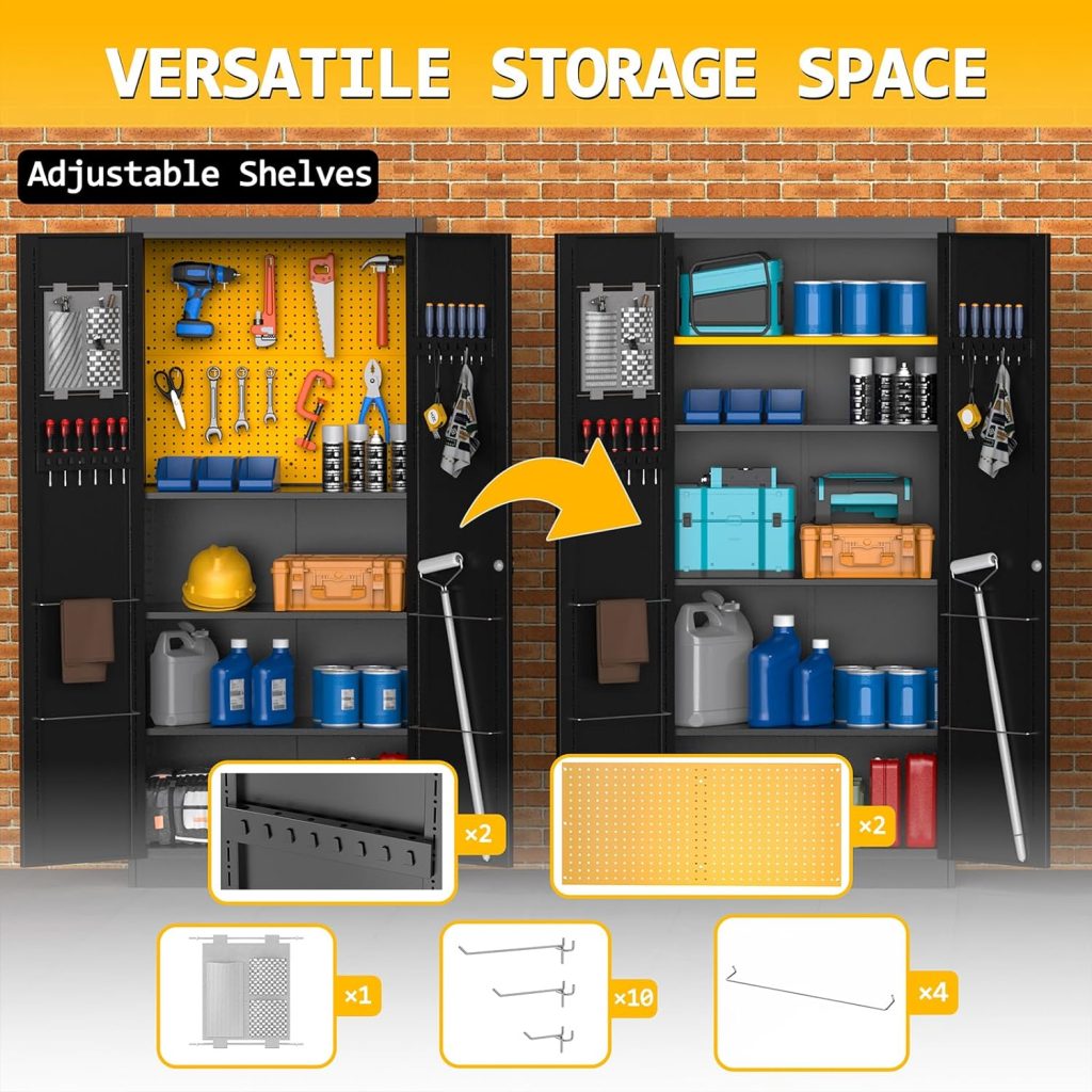 HZE Metal Storage Cabinet with Doors and Adjustable Shelves, 71 Locking Garage Storage Cabinet with 2 Multi-Purpose Pegboards, Storage Bag, Heavy Duty Tool Metal Cabinet for Garage Home Gym Office
