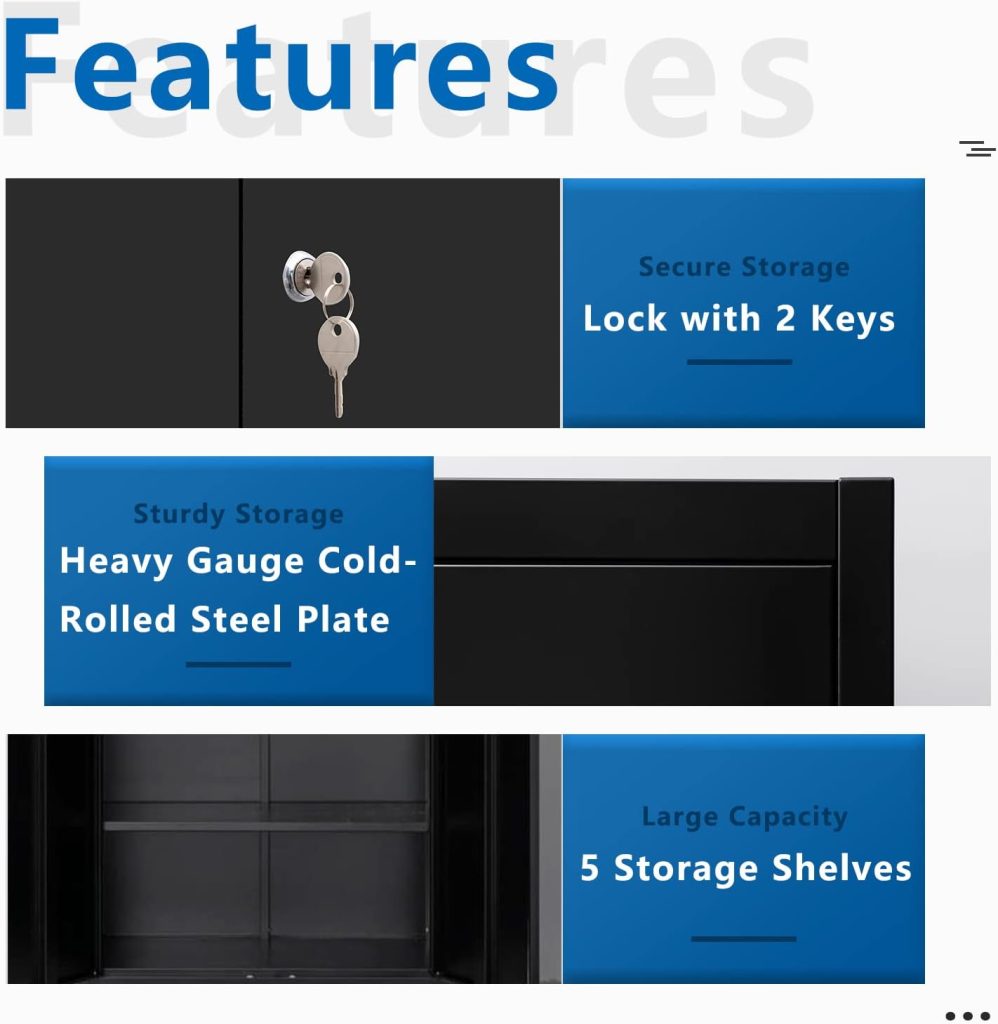 Metal Storage Cabinets with Locking Doors and Adjustable Shelves, Steel Storage Cabinet for Garage, Office, Classroom - Black