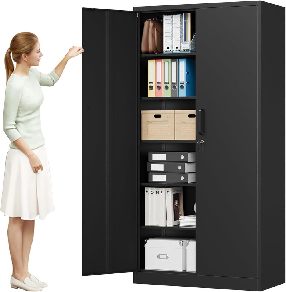 MIIIKO Metal Storage Cabinet with Locking Doors, Black Garage 5 Shelves, 18 Deep Locker for Garage, Industrial, Commercial, Workshop and Basement