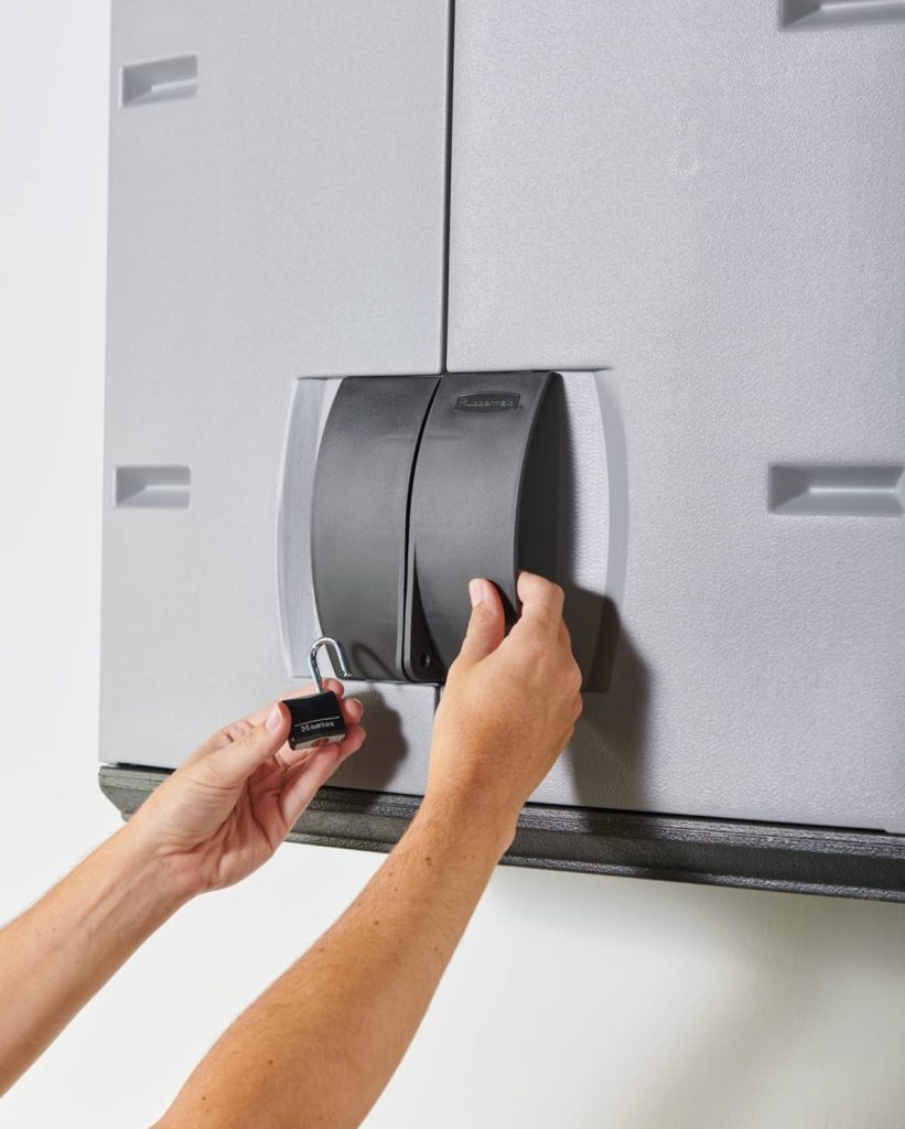 Rubbermaid Freestanding Storage Cabinet, Five Shelf with Double Doors, Lockable, Large, 690-Pound Capacity, Gray, For Garage/Outdoor, Garden Tools/Toys/Power Tools/Pool Accessories Rubbermaid Freestanding Storage Cabinet, Five Shelf with Double Doors, Lockable, Large, 690-Pound Capacity, Gray, For Garage/Outdoor, Garden Tools/Toys/Power Tools/Pool Accessories