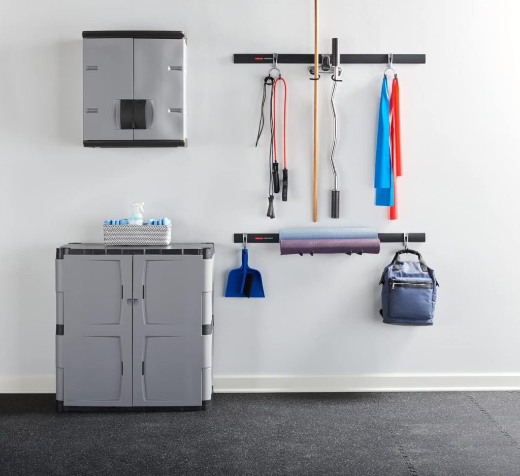 Rubbermaid Freestanding Storage Cabinet, Five Shelf with Double Doors, Lockable, Large, 690-Pound Capacity, Gray, For Garage/Outdoor, Garden Tools/Toys/Power Tools/Pool Accessories Rubbermaid Freestanding Storage Cabinet, Five Shelf with Double Doors, Lockable, Large, 690-Pound Capacity, Gray, For Garage/Outdoor, Garden Tools/Toys/Power Tools/Pool Accessories