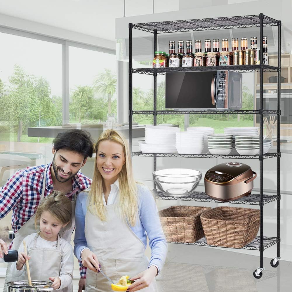6-Tier Storage Shelves NSF Certified Wire Shelving Unit on Wheels Heavy Duty Metal Shelves Adjustable Steel Shelving 2100Lbs Capacity for Closet Pantry Basement- (18x48x82, Black) 6-Tier Storage Shelves NSF Certified Wire Shelving Unit on Wheels Heavy Duty Metal Shelves Adjustable Steel Shelving 2100Lbs Capacity for Closet Pantry Basement- (18x48x82, Black)