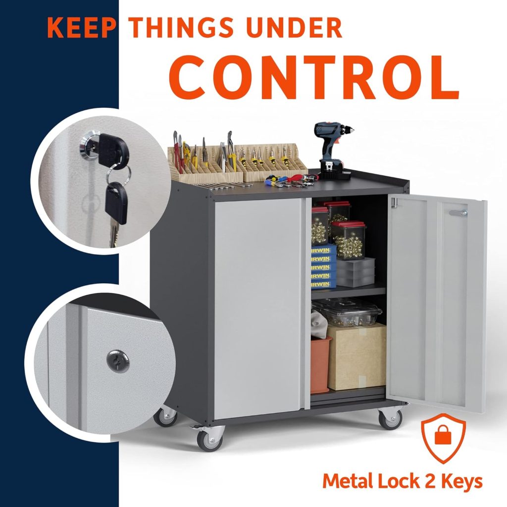 Aobabo Metal Garage Storage Cabinet,71 Lockable Metal Storage Cabinet with 2 Doors and 4 Adjustable Shelves,Black Steel Cabinet for Garage Office School Home Storage,Assembly Required