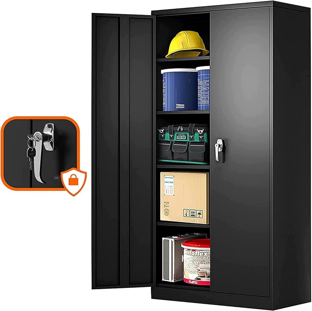 Aobabo Metal Garage Storage Cabinet,71 Lockable Metal Storage Cabinet with 2 Doors and 4 Adjustable Shelves,Black Steel Cabinet for Garage Office School Home Storage,Assembly Required