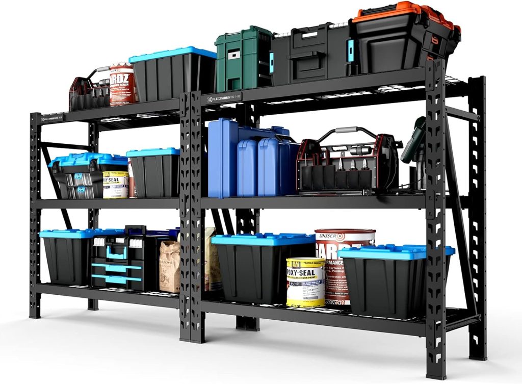 FLEXIMOUNTS Garage Shelving, 3-Tier Adjustable Shelf, 4650 lbs Weight Capacity Storage Rack, 4-Foot Tall, Heavy Duty Industrial Metal Shelving