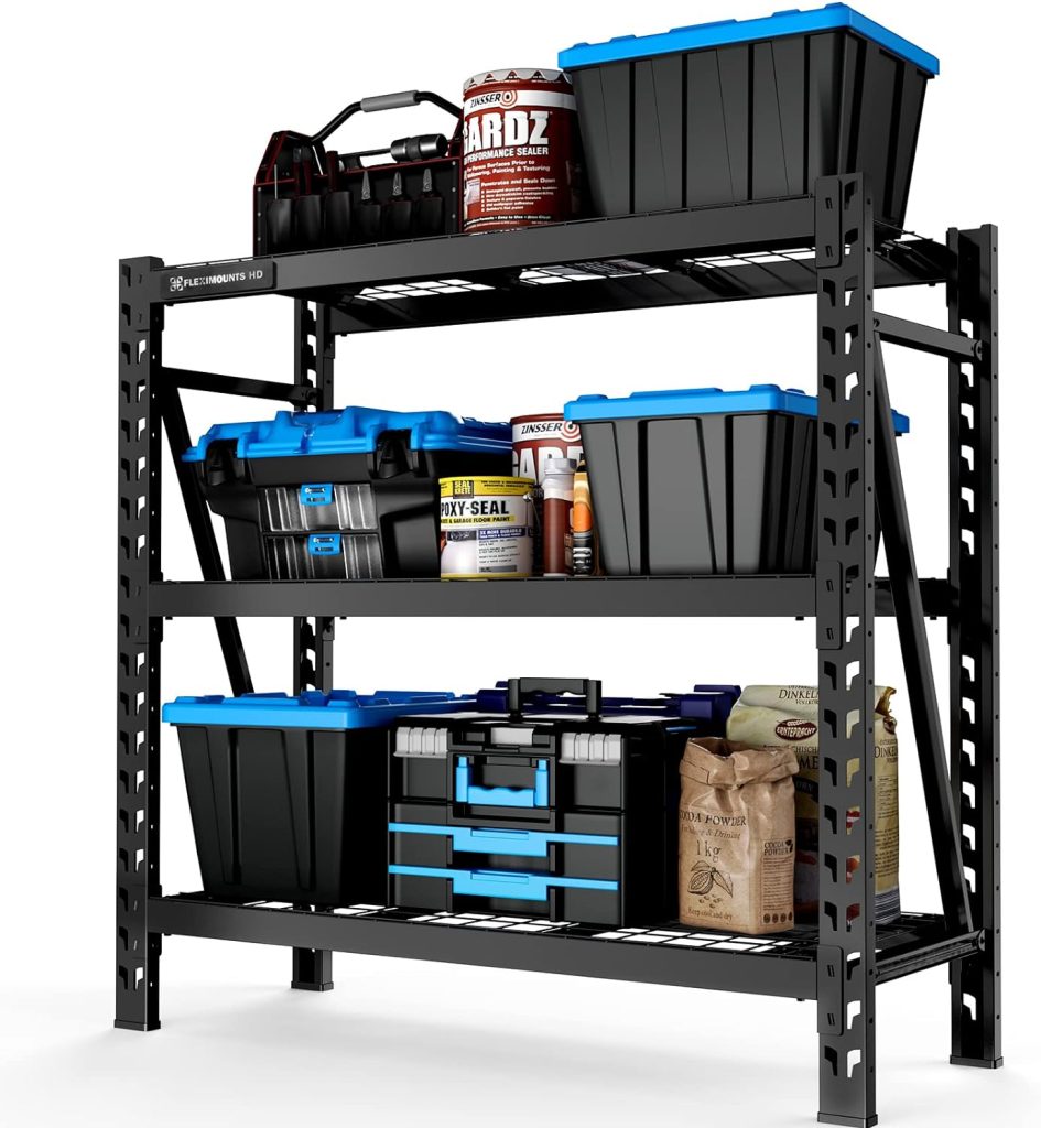 FLEXIMOUNTS Garage Shelving, 3-Tier Adjustable Shelf, 4650 lbs Weight Capacity Storage Rack, 4-Foot Tall, Heavy Duty Industrial Metal Shelving