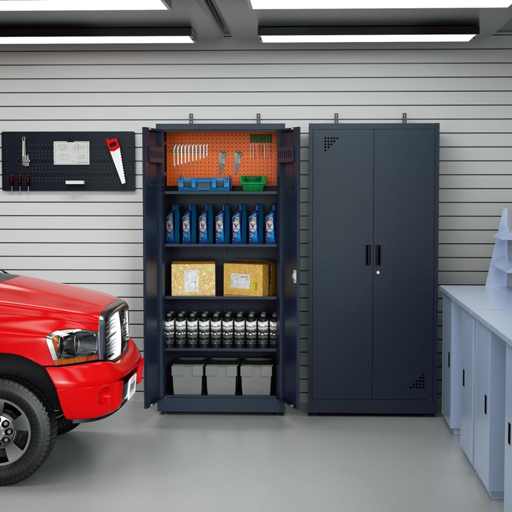 Garage Storage Cabinet 71 Tall Metal Storage Cabinet with 2 Doors and 4 Adjustable Shelf Height and Leg Levelers Includes Pegboard and Accessories for Office, Home, School, Garage Garage Storage Cabinet 71 Tall Metal Storage Cabinet with 2 Doors and 4 Adjustable Shelf Height and Leg Levelers Includes Pegboard and Accessories for Office, Home, School, Garage