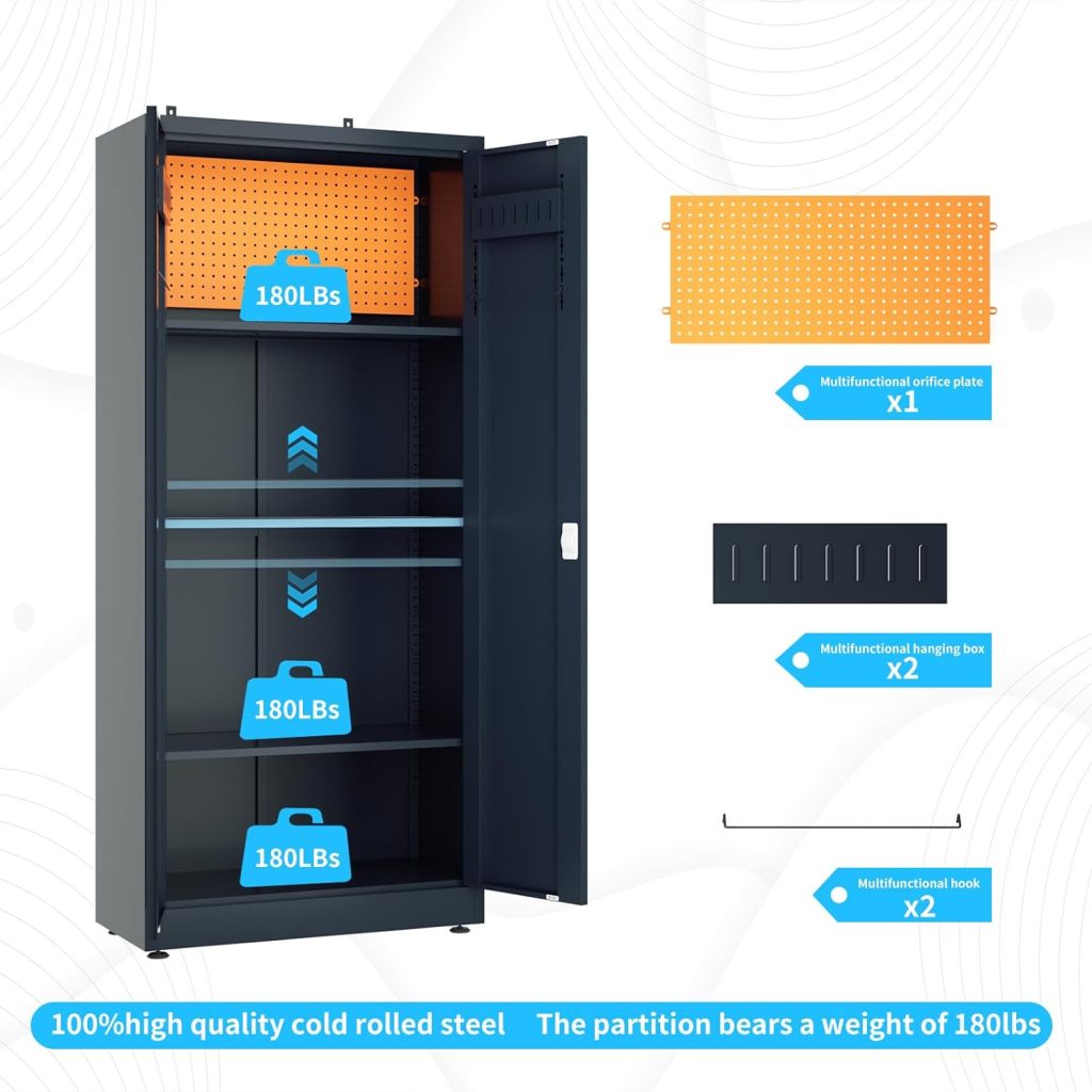 Garage Storage Cabinet 71 Tall Metal Storage Cabinet with 2 Doors and 4 Adjustable Shelf Height and Leg Levelers Includes Pegboard and Accessories for Office, Home, School, Garage Garage Storage Cabinet 71 Tall Metal Storage Cabinet with 2 Doors and 4 Adjustable Shelf Height and Leg Levelers Includes Pegboard and Accessories for Office, Home, School, Garage