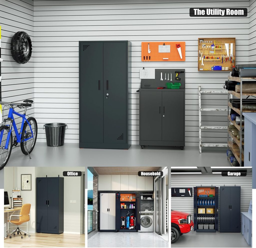 Garage Storage Cabinet 71 Tall Metal Storage Cabinet with 2 Doors and 4 Adjustable Shelf Height and Leg Levelers Includes Pegboard and Accessories for Office, Home, School, Garage Garage Storage Cabinet 71 Tall Metal Storage Cabinet with 2 Doors and 4 Adjustable Shelf Height and Leg Levelers Includes Pegboard and Accessories for Office, Home, School, Garage