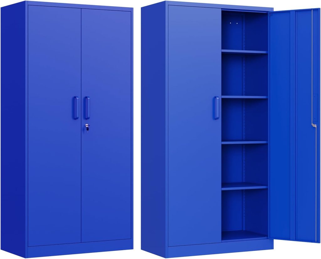 Metal Garage Storage Cabinet, 71 Locking Storage Cabinet with 2 Doors and 4 Adjustable Shelves, Lockable Metal Cabinet for Office,Home,Garage,Gym,School(Blue) Metal Garage Storage Cabinet, 71 Locking Storage Cabinet with 2 Doors and 4 Adjustable Shelves, Lockable Metal Cabinet for Office,Home,Garage,Gym,School(Blue)