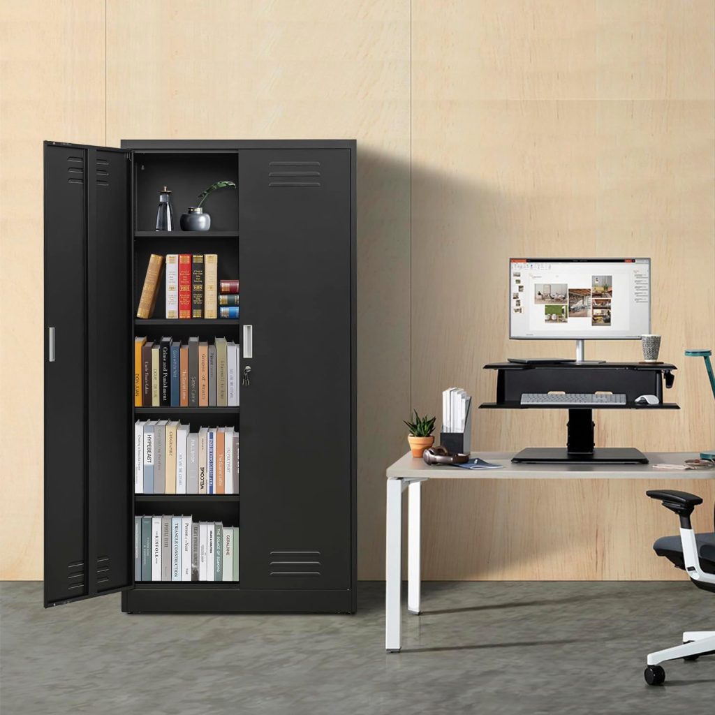 Metal Storage Cabinet, Steel Lockable Garage Cabinet, with 2 Doors and 4 Adjustable Shelves. 71 Locking Storage Cabinet for Home, Office, Garage, Gym, School Metal Storage Cabinet, Steel Lockable Garage Cabinet, with 2 Doors and 4 Adjustable Shelves. 71 Locking Storage Cabinet for Home, Office, Garage, Gym, School