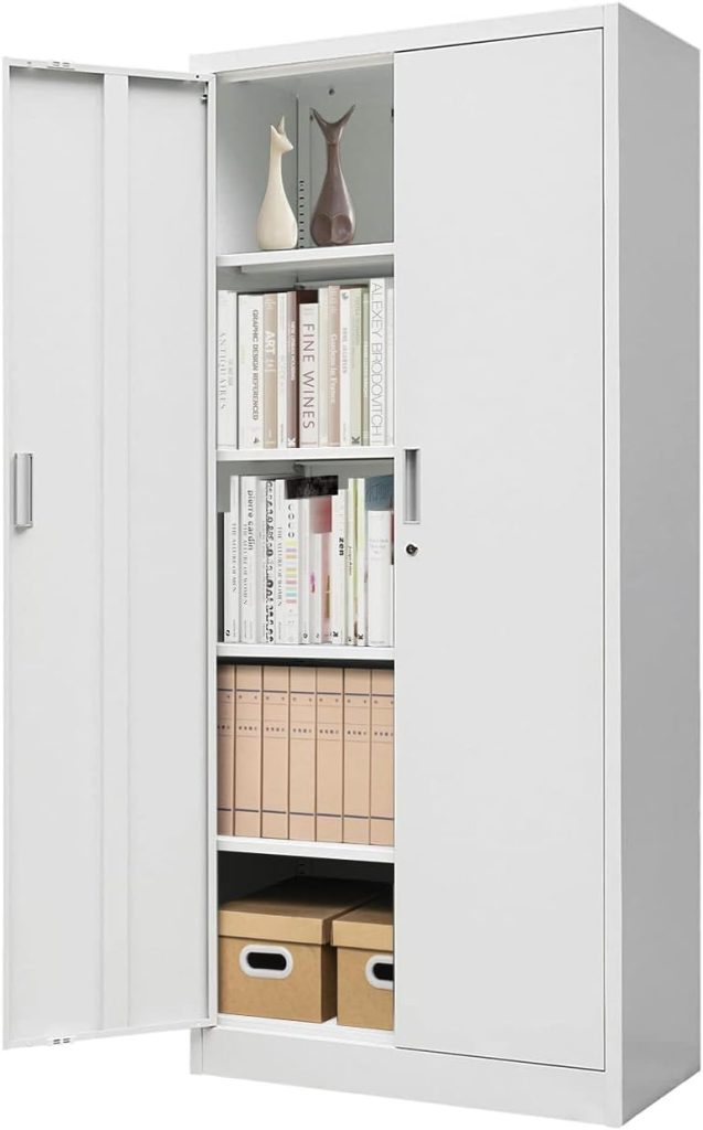 Metal Storage Cabinet, Steel Lockable Garage Cabinet, with 2 Doors and 4 Adjustable Shelves. 71 Locking Storage Cabinet for Home, Office, Garage, Gym, School Metal Storage Cabinet, Steel Lockable Garage Cabinet, with 2 Doors and 4 Adjustable Shelves. 71 Locking Storage Cabinet for Home, Office, Garage, Gym, School
