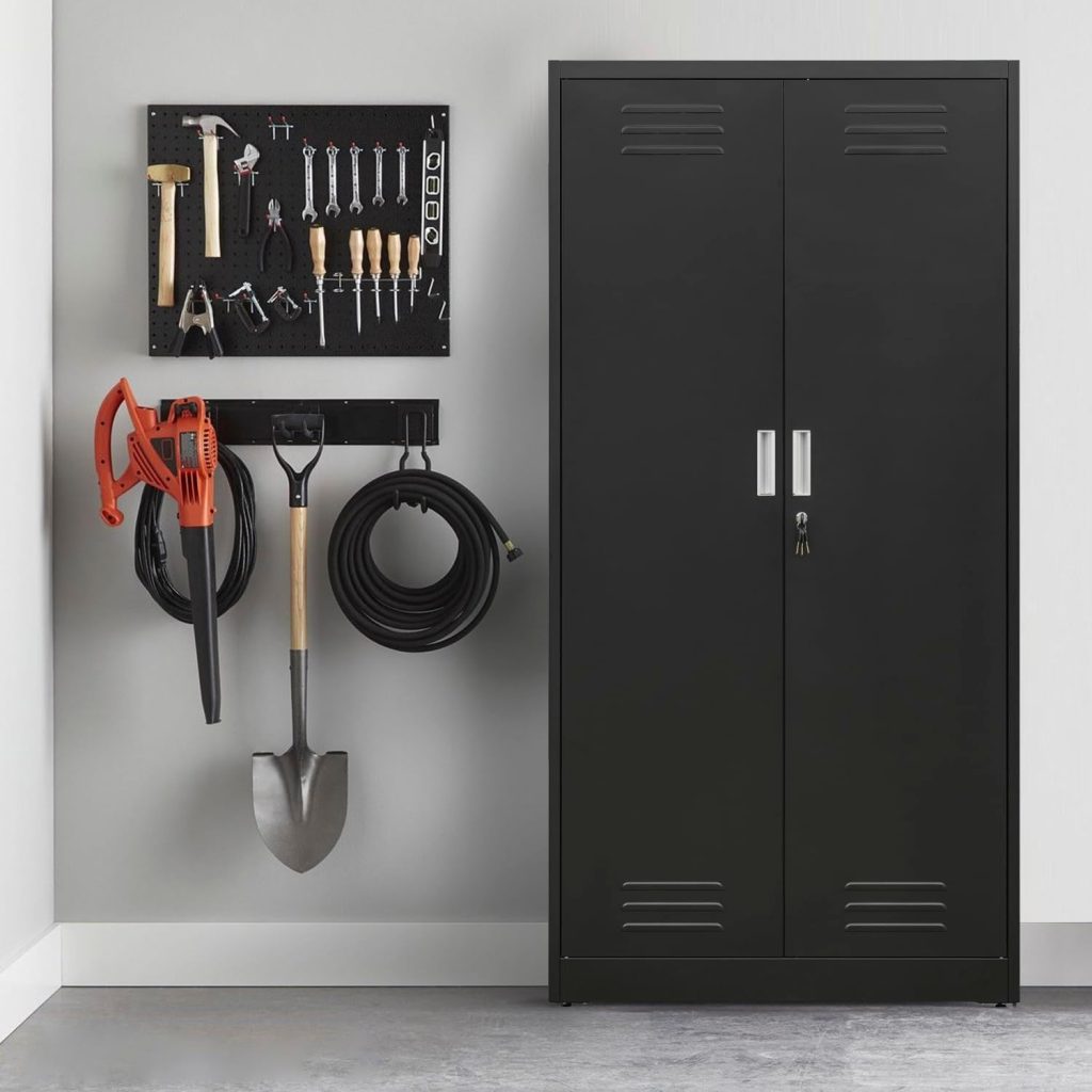 Metal Storage Cabinet, Steel Lockable Garage Cabinet, with 2 Doors and 4 Adjustable Shelves. 71 Locking Storage Cabinet for Home, Office, Garage, Gym, School Metal Storage Cabinet, Steel Lockable Garage Cabinet, with 2 Doors and 4 Adjustable Shelves. 71 Locking Storage Cabinet for Home, Office, Garage, Gym, School