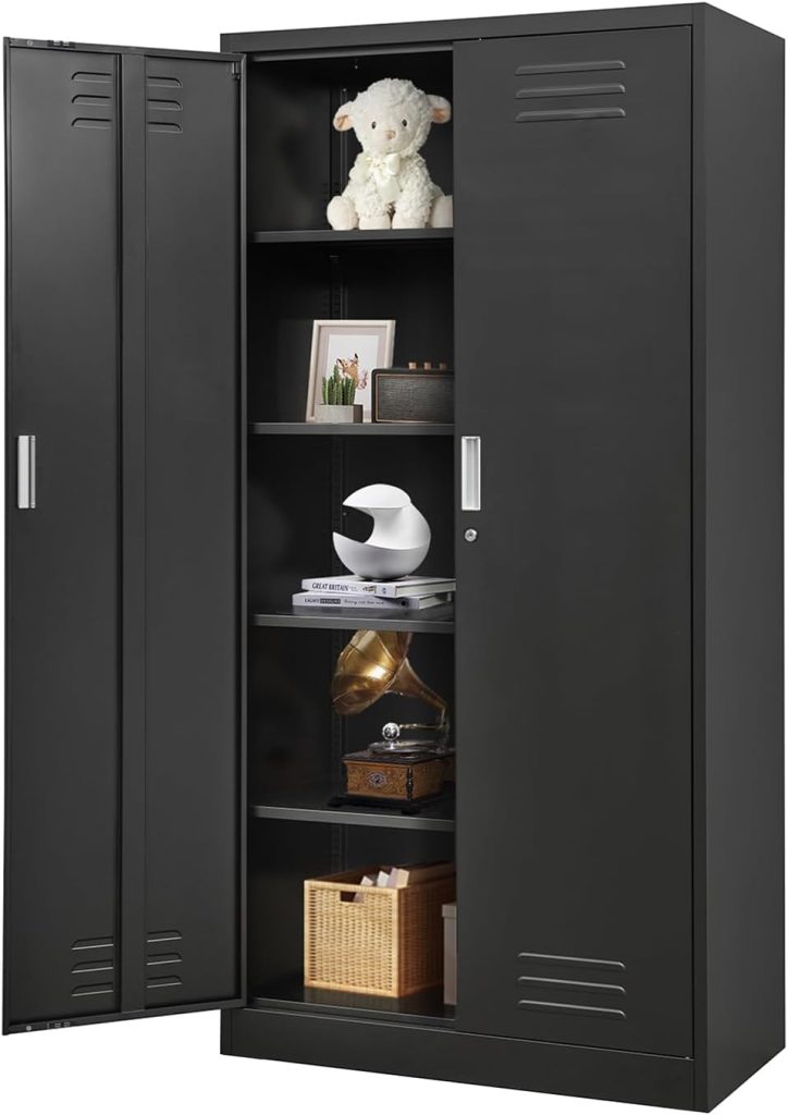 Metal Storage Cabinet, Steel Lockable Garage Cabinet, with 2 Doors and 4 Adjustable Shelves. 71 Locking Storage Cabinet for Home, Office, Garage, Gym, School Metal Storage Cabinet, Steel Lockable Garage Cabinet, with 2 Doors and 4 Adjustable Shelves. 71 Locking Storage Cabinet for Home, Office, Garage, Gym, School