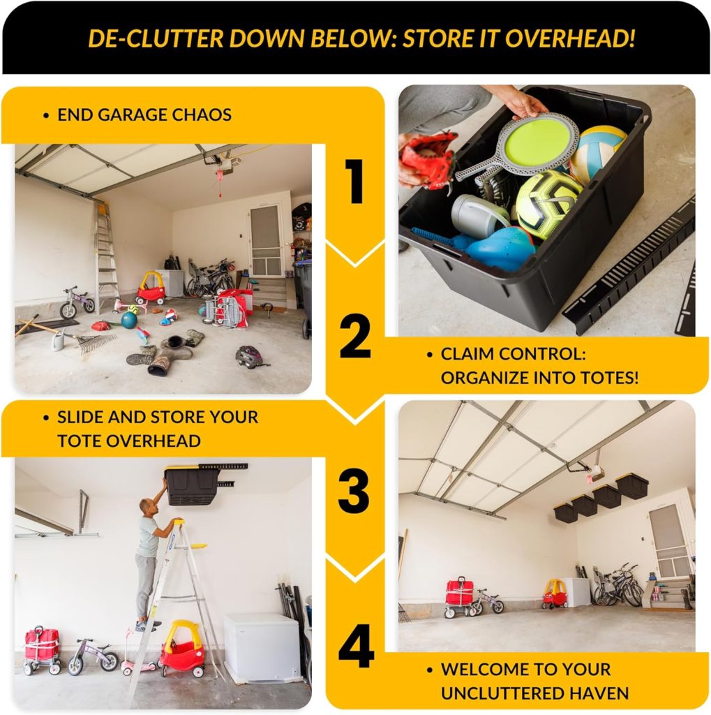 Overhead Bin Rack - Ceiling Mount Overhead Garage Storage Rack | Adjustable Width and Orientation | Heavy Duty Ceiling Bin Storage Rails | Fits Black  Yellow Storage Bins | USA Designed (4 Bins) Overhead Bin Rack - Ceiling Mount Overhead Garage Storage Rack | Adjustable Width and Orientation | Heavy Duty Ceiling Bin Storage Rails | Fits Black  Yellow Storage Bins | USA Designed (4 Bins)