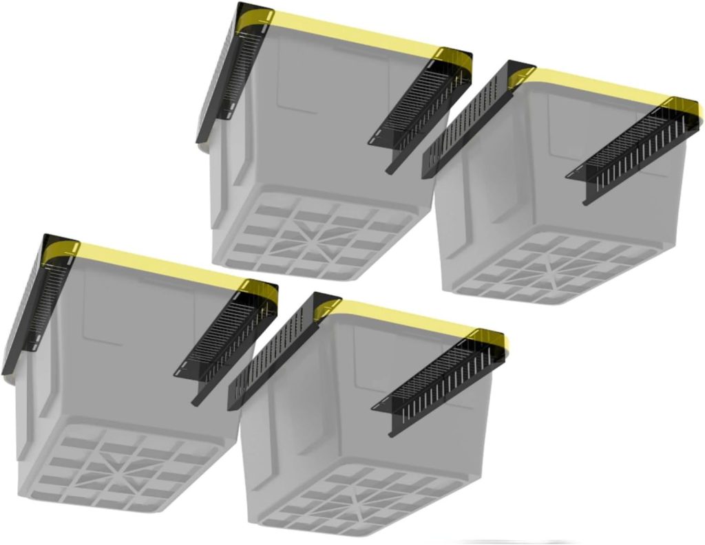 Overhead Bin Rack - Ceiling Mount Overhead Garage Storage Rack | Adjustable Width and Orientation | Heavy Duty Ceiling Bin Storage Rails | Fits Black  Yellow Storage Bins | USA Designed (4 Bins) Overhead Bin Rack - Ceiling Mount Overhead Garage Storage Rack | Adjustable Width and Orientation | Heavy Duty Ceiling Bin Storage Rails | Fits Black  Yellow Storage Bins | USA Designed (4 Bins)