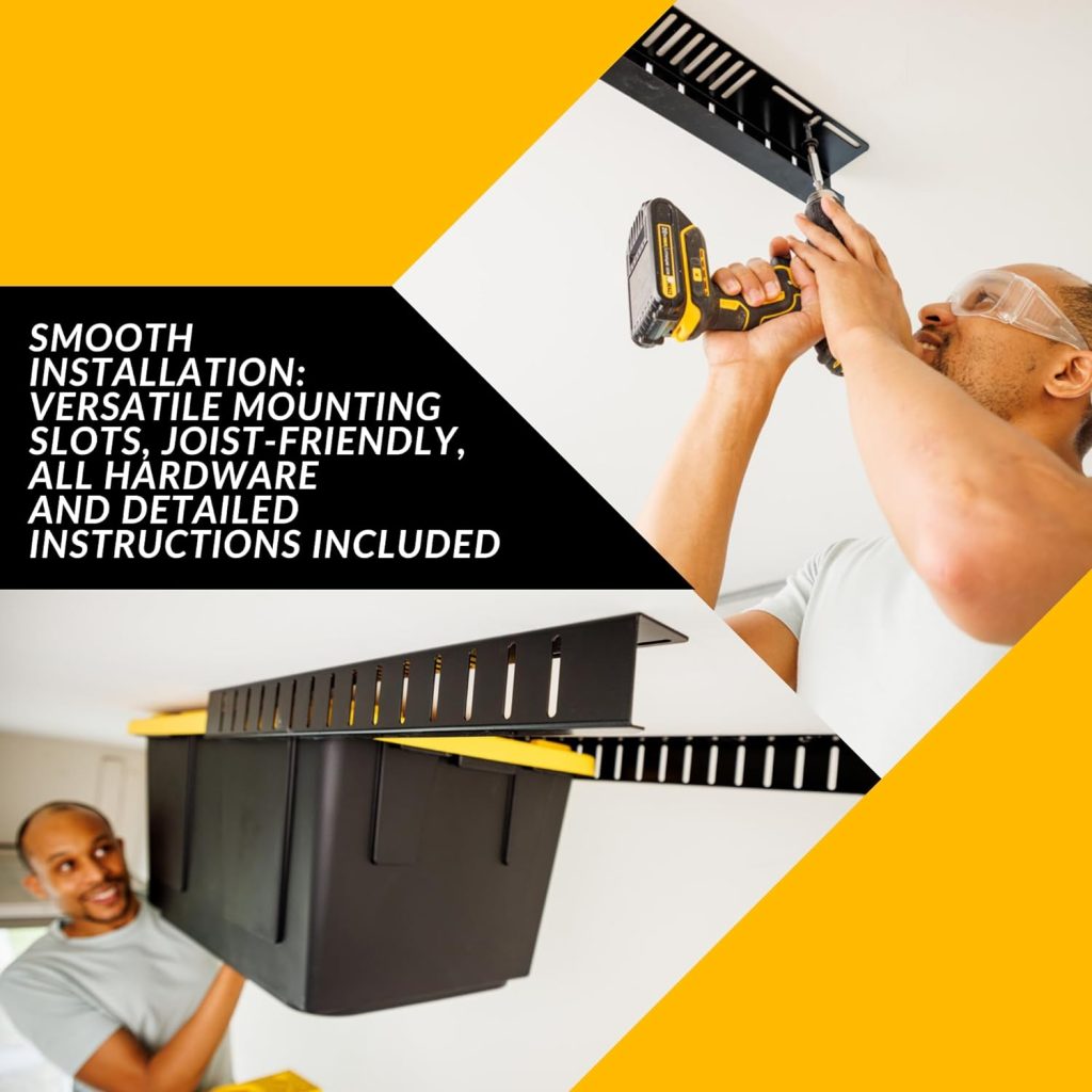 Overhead Bin Rack - Ceiling Mount Overhead Garage Storage Rack | Adjustable Width and Orientation | Heavy Duty Ceiling Bin Storage Rails | Fits Black  Yellow Storage Bins | USA Designed (4 Bins) Overhead Bin Rack - Ceiling Mount Overhead Garage Storage Rack | Adjustable Width and Orientation | Heavy Duty Ceiling Bin Storage Rails | Fits Black  Yellow Storage Bins | USA Designed (4 Bins)