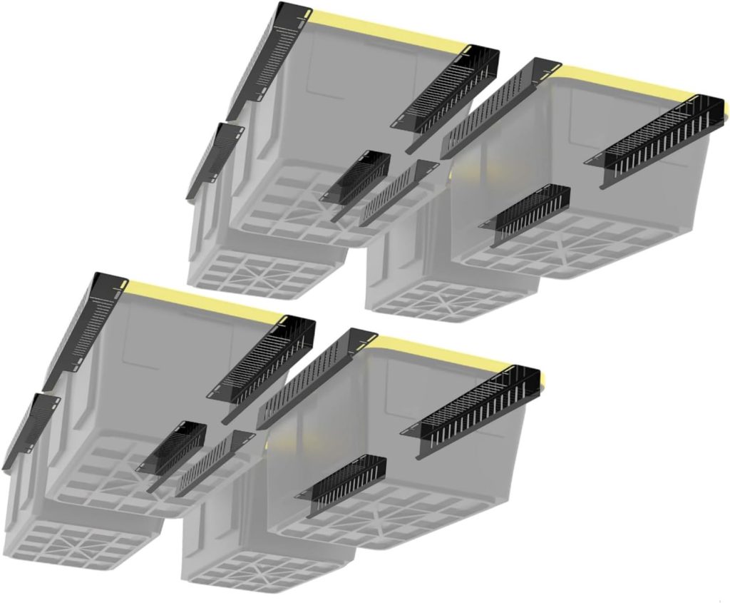 Overhead Bin Rack - Ceiling Mount Overhead Garage Storage Rack | Adjustable Width and Orientation | Heavy Duty Ceiling Bin Storage Rails | Fits Black  Yellow Storage Bins | USA Designed (4 Bins) Overhead Bin Rack - Ceiling Mount Overhead Garage Storage Rack | Adjustable Width and Orientation | Heavy Duty Ceiling Bin Storage Rails | Fits Black  Yellow Storage Bins | USA Designed (4 Bins)