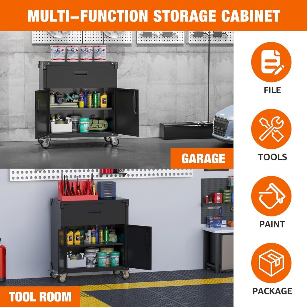 Reemoon Metal Garage Storage Cabinet with Wheels, Rolling Tool Chests  Cabinets with Locking Doors and Shelves, 1 Drawer, Black  Gray Reemoon Metal Garage Storage Cabinet with Wheels, Rolling Tool Chests  Cabinets with Locking Doors and Shelves, 1 Drawer, Black  Gray