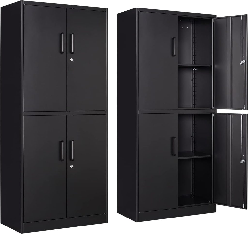 STANI Metal Storage Cabinet, Locking Steel Storage Cabinet with 4 Doors and 2 Adjustable Shelves, 71 Steel Lockable File Cabinet, Tall Steel Cabinet for Home Office,Garage,School (Black)