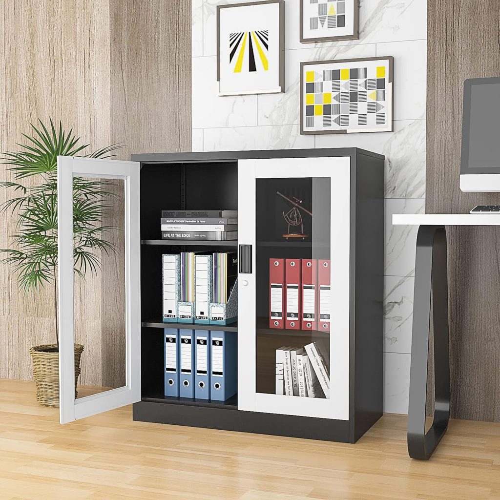 STANI Metal Storage Cabinet, Locking Steel Storage Cabinet with 4 Doors and 2 Adjustable Shelves, 71 Steel Lockable File Cabinet, Tall Steel Cabinet for Home Office,Garage,School (Black)