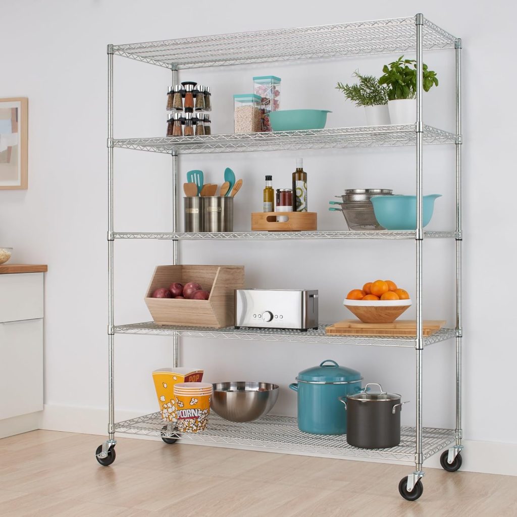 TRINITY Basics 4-Tier Adjustable Wire Shelving with Wheels for Kitchen Organization, Garage Storage, Laundry Room, NSF Certified, 600 to 1800 Pound Capacity, 60” by 24” by 54”, EcoStorage Chrome TRINITY Basics 4-Tier Adjustable Wire Shelving with Wheels for Kitchen Organization, Garage Storage, Laundry Room, NSF Certified, 600 to 1800 Pound Capacity, 60” by 24” by 54”, EcoStorage Chrome