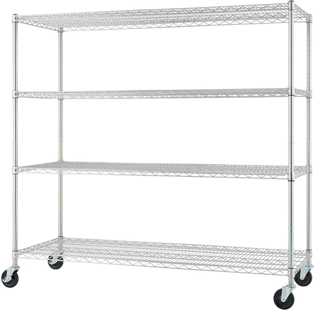 TRINITY Basics 4-Tier Adjustable Wire Shelving with Wheels for Kitchen Organization, Garage Storage, Laundry Room, NSF Certified, 600 to 1800 Pound Capacity, 60” by 24” by 54”, EcoStorage Chrome TRINITY Basics 4-Tier Adjustable Wire Shelving with Wheels for Kitchen Organization, Garage Storage, Laundry Room, NSF Certified, 600 to 1800 Pound Capacity, 60” by 24” by 54”, EcoStorage Chrome