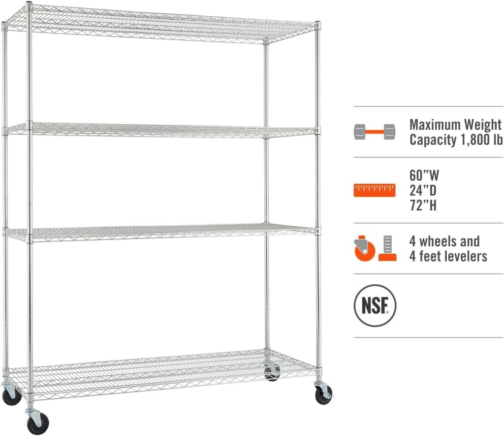 TRINITY Basics 4-Tier Adjustable Wire Shelving with Wheels for Kitchen Organization, Garage Storage, Laundry Room, NSF Certified, 600 to 1800 Pound Capacity, 60” by 24” by 54”, EcoStorage Chrome TRINITY Basics 4-Tier Adjustable Wire Shelving with Wheels for Kitchen Organization, Garage Storage, Laundry Room, NSF Certified, 600 to 1800 Pound Capacity, 60” by 24” by 54”, EcoStorage Chrome