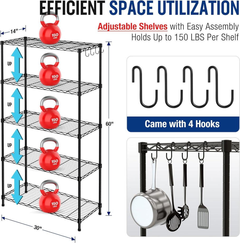 WORKPRO Storage Shelves, 4 Tier Metal Shelving Unit, Garage Wire Rack, Standing Adjustable Shelves with Hooks for Pantry Closet Kitchen Basement 24 W x 14 D x 48 H, 600 lbs Total Capacity WORKPRO Storage Shelves, 4 Tier Metal Shelving Unit, Garage Wire Rack, Standing Adjustable Shelves with Hooks for Pantry Closet Kitchen Basement 24 W x 14 D x 48 H, 600 lbs Total Capacity