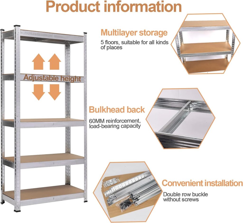 5-Tier Adjustable Heavy Duty Garage Shelving for Warehouse Pantry Closet Kitchen,Garage Storage,35.4 W x 15.7 D x 70.8 H (Silver, Large) 5-Tier Adjustable Heavy Duty Garage Shelving for Warehouse Pantry Closet Kitchen,Garage Storage,35.4 W x 15.7 D x 70.8 H (Silver, Large)
