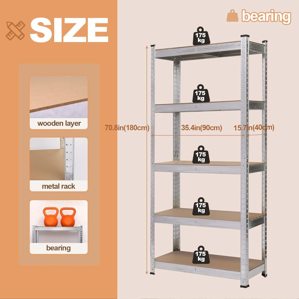 5-Tier Adjustable Heavy Duty Garage Shelving for Warehouse Pantry Closet Kitchen,Garage Storage,35.4 W x 15.7 D x 70.8 H (Silver, Large) 5-Tier Adjustable Heavy Duty Garage Shelving for Warehouse Pantry Closet Kitchen,Garage Storage,35.4 W x 15.7 D x 70.8 H (Silver, Large)
