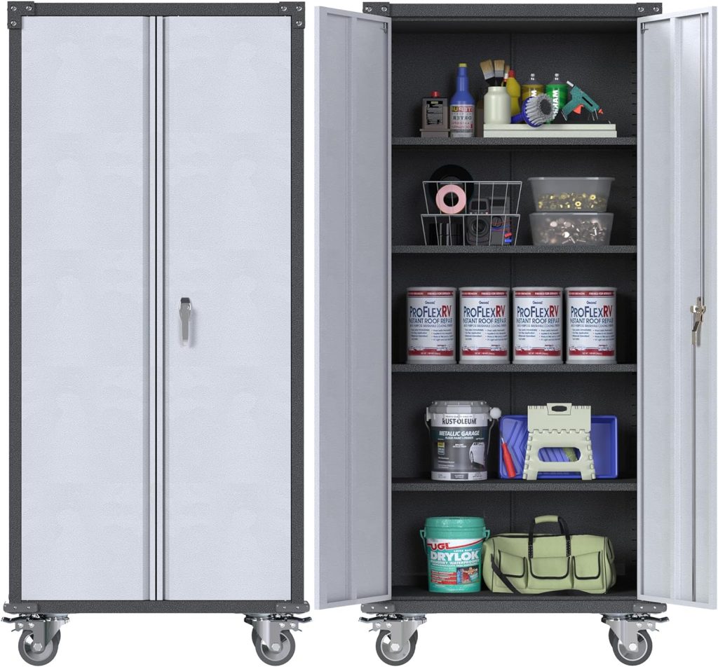 71 Tall Metal Storage Cabinet with Wheels, Rolling Garage Cabinet with Lockable Doors and Adjustable Shelves, Metal Utility Cabinet for Garage and Home, Easy-Assembly