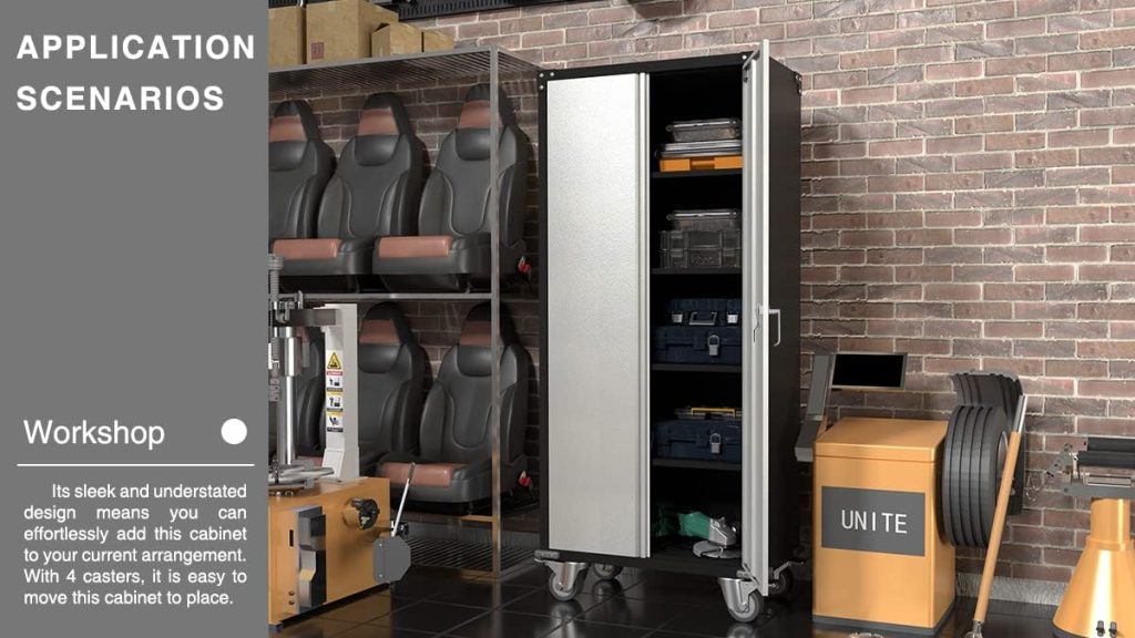 71 Tall Metal Storage Cabinet with Wheels, Rolling Garage Cabinet with Lockable Doors and Adjustable Shelves, Metal Utility Cabinet for Garage and Home, Easy-Assembly