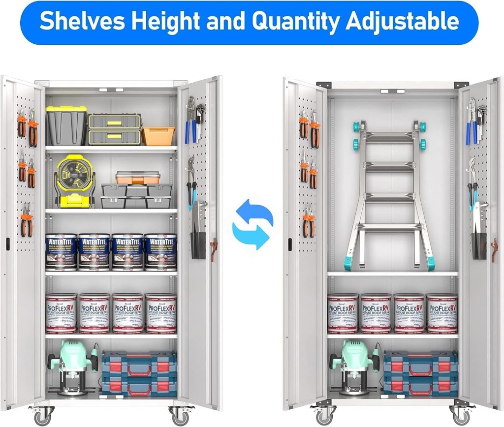 71 Tall Metal Storage Cabinet with Wheels, Rolling Garage Cabinet with Lockable Doors and Adjustable Shelves, Metal Utility Cabinet for Garage and Home, Easy-Assembly