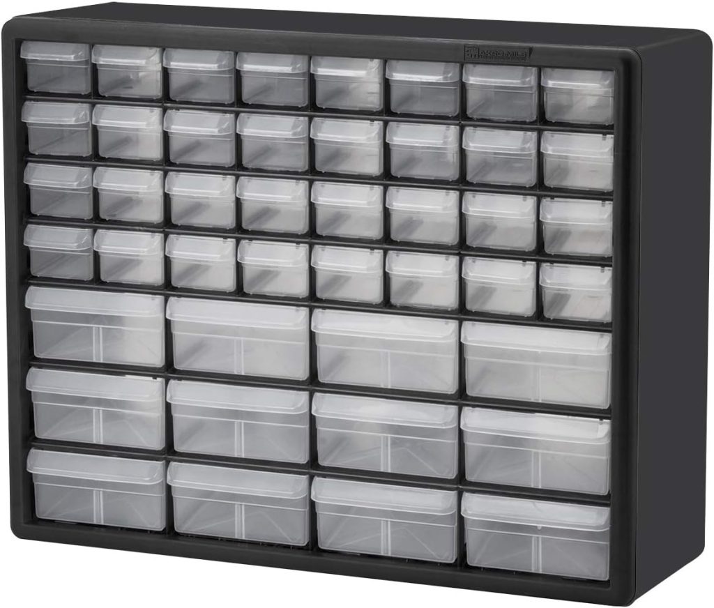 Akro-Mils 10144, 44 Drawer Plastic Parts Storage Hardware and Craft Cabinet, 20-Inch W x 6.37-Inch D x 15.81-Inch H, Black Akro-Mils 10144, 44 Drawer Plastic Parts Storage Hardware and Craft Cabinet, 20-Inch W x 6.37-Inch D x 15.81-Inch H, Black