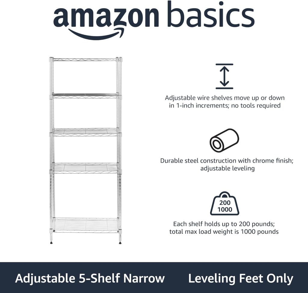 Amazon Basics 5-Shelf Adjustable, Heavy Duty Storage Shelving Unit (350 lbs loading capacity per shelf), Steel Organizer Wire Rack, Black, 36 L x 14 W x 72 H Amazon Basics 5-Shelf Adjustable, Heavy Duty Storage Shelving Unit (350 lbs loading capacity per shelf), Steel Organizer Wire Rack, Black, 36 L x 14 W x 72 H