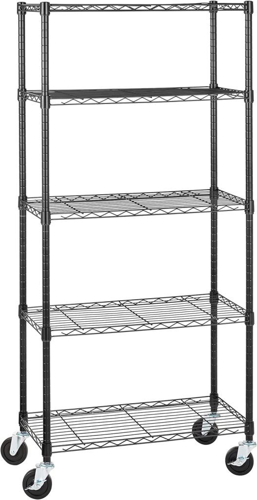 Amazon Basics 5-Shelf Adjustable, Heavy Duty Storage Shelving Unit (350 lbs loading capacity per shelf), Steel Organizer Wire Rack, Black, 36 L x 14 W x 72 H Amazon Basics 5-Shelf Adjustable, Heavy Duty Storage Shelving Unit (350 lbs loading capacity per shelf), Steel Organizer Wire Rack, Black, 36 L x 14 W x 72 H