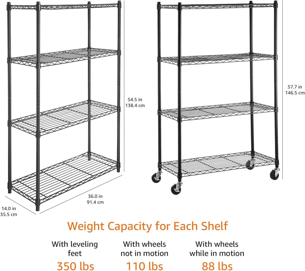 Amazon Basics 5-Shelf Adjustable, Heavy Duty Storage Shelving Unit (350 lbs loading capacity per shelf), Steel Organizer Wire Rack, Black, 36 L x 14 W x 72 H Amazon Basics 5-Shelf Adjustable, Heavy Duty Storage Shelving Unit (350 lbs loading capacity per shelf), Steel Organizer Wire Rack, Black, 36 L x 14 W x 72 H